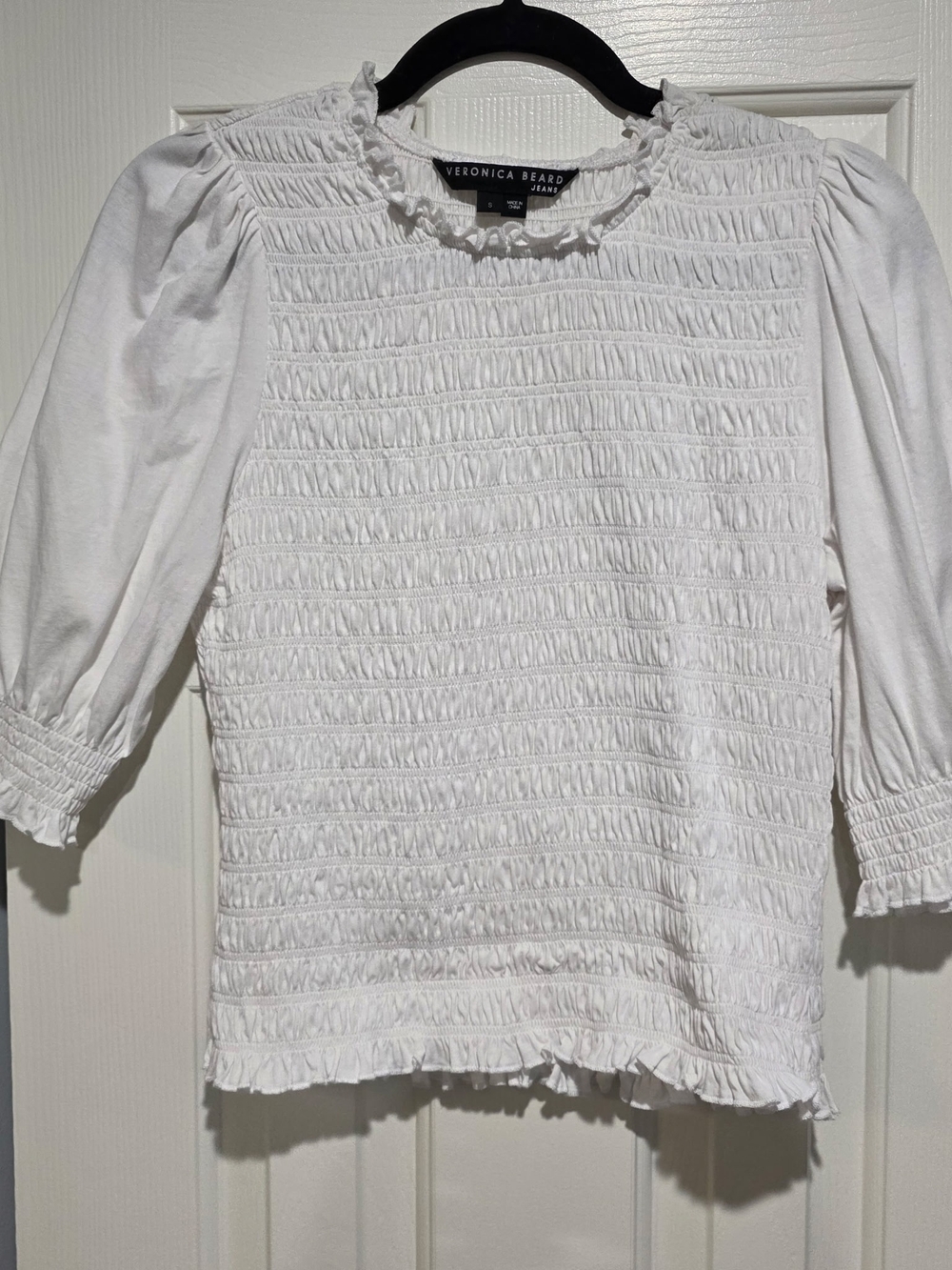 Veronica Beard White Smocked Ruffle-Trim Puff Sleeve Blouse - Picture 1 of 6